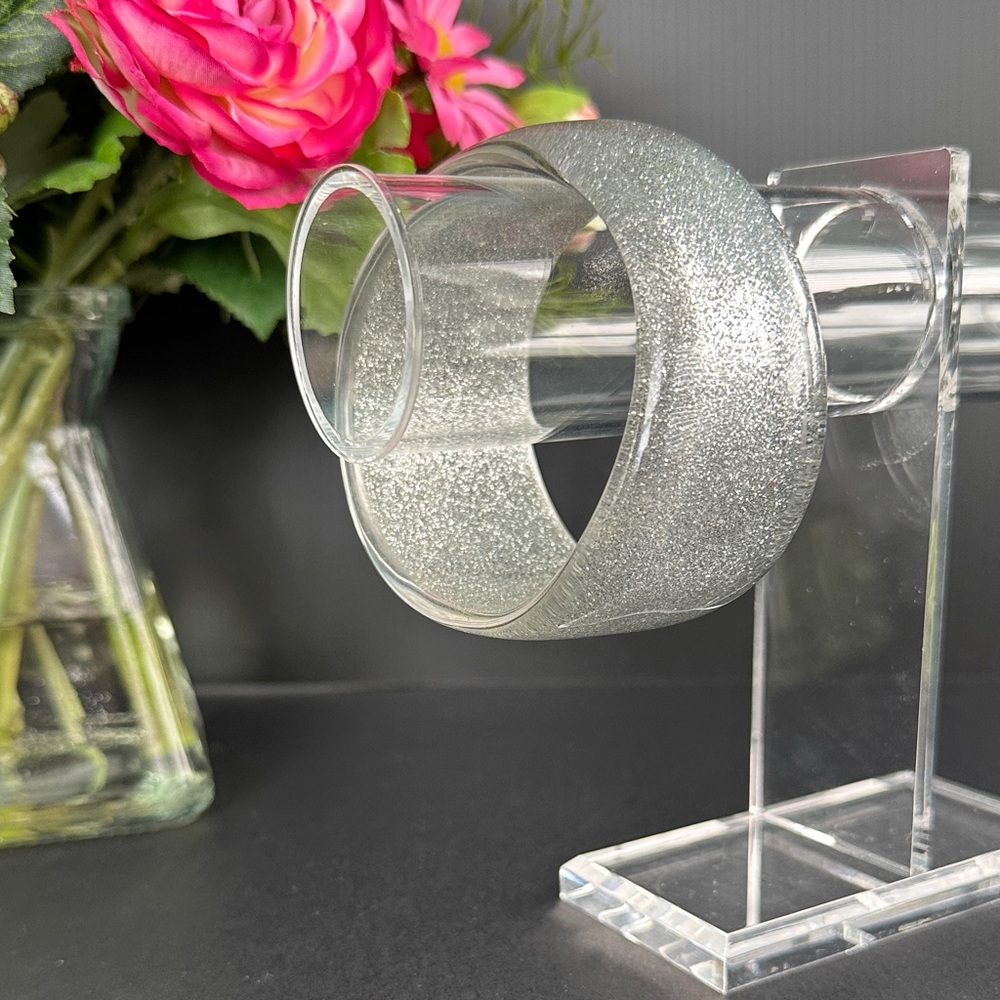 Lucite Bangle Wide & Chunky Silver Glitter Statement Bracelet Asymmetrical Mod